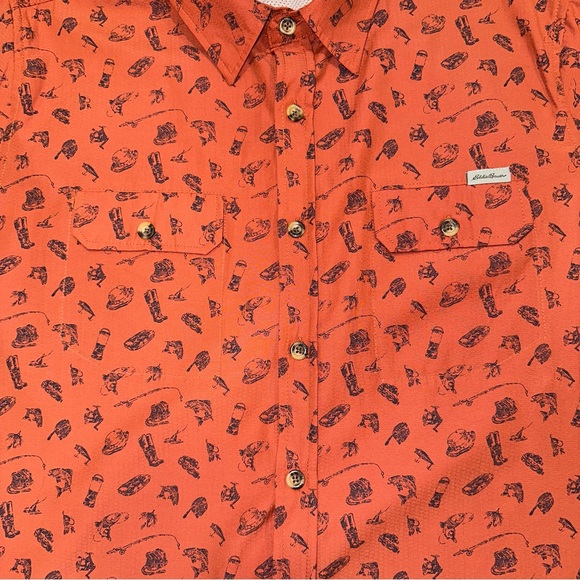 Mens L Eddie Bauer button up short sleeve shirt burnt orange equestrian pattern - Picture 4 of 9